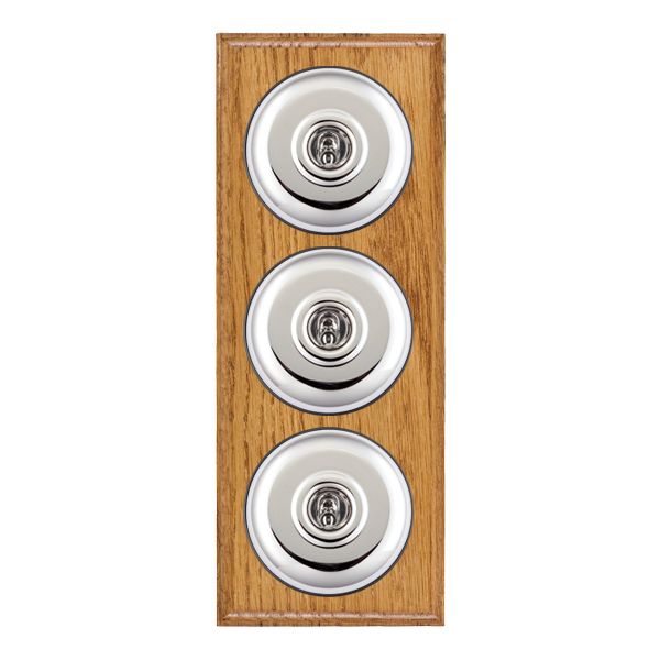 Bloomsbury Ovolo Medium Oak 3 gang 20AX 2 Way Toggle Bright Chrome Plain Dome/Black Collar