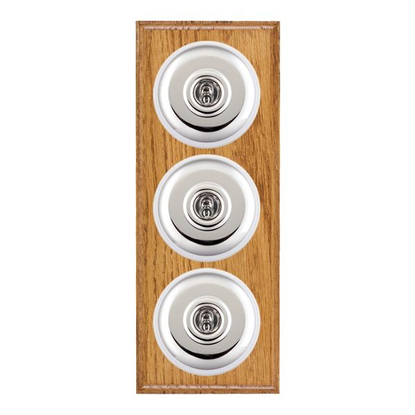 Bloomsbury Ovolo Medium Oak 3 gang 20AX 2 Way Toggle Bright Chrome Plain Dome/White Collar