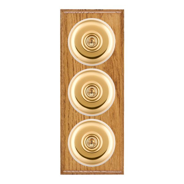 Bloomsbury Ovolo Medium Oak 3 gang 20AX 2 Way Toggle Polished Brass Plain Dome/White Collar