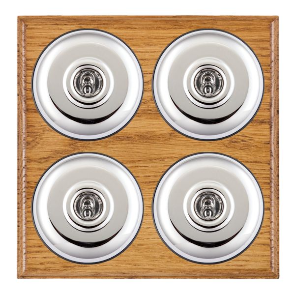 Bloomsbury Ovolo Medium Oak 4 gang 20AX 2 Way Toggle Bright Chrome Plain Dome/Black Collar