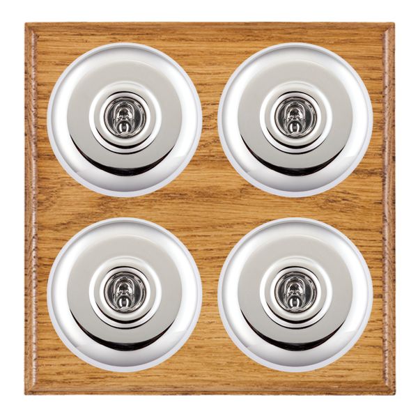 Bloomsbury Ovolo Medium Oak 4 gang 20AX 2 Way Toggle Bright Chrome Plain Dome/White Collar