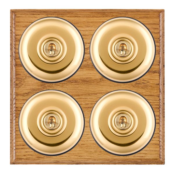 Bloomsbury Ovolo Medium Oak 4 gang 20AX 2 Way Toggle Polished Brass Plain Dome/Black Collar