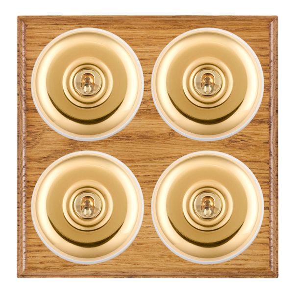 Bloomsbury Ovolo Medium Oak 4 gang 20AX 2 Way Toggle Polished Brass Plain Dome/White Collar