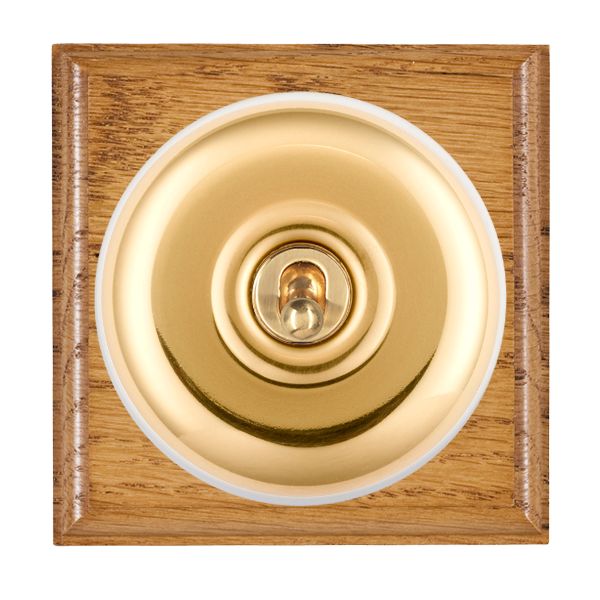 Bloomsbury Ovolo Medium Oak 1 gang 20AX Intermediate Toggle Polished Brass Plain Dome/White Collar