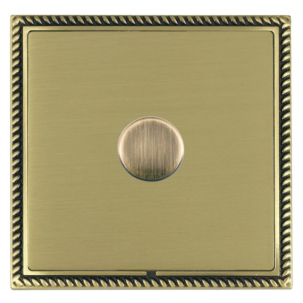 Linea-Georgian CFX Antique Brass Frame/Satin Brass Front 1 gang 100W LED 2 Way Push On/Off Rotary Dimmer Antique Brass