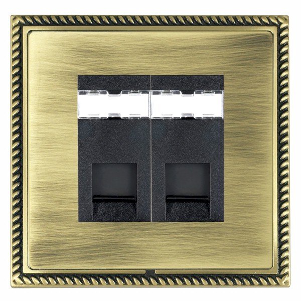 Linea-Georgian CFX Antique Brass Frame/Antique Brass Front 2 gang RJ12 Outlet – Unshielded Black