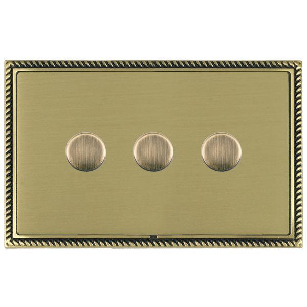 Linea-Georgian CFX Antique Brass Frame/Satin Brass Front 3 gang 100W LED 2 Way Push On/Off Rotary Dimmer Antique Brass
