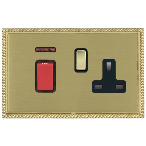 Linea-Georgian CFX Polished Brass Frame/Satin Brass Front 45A Double Pole Rocker + Neon + 13A Switched Socket Red+Polished Brass/Black