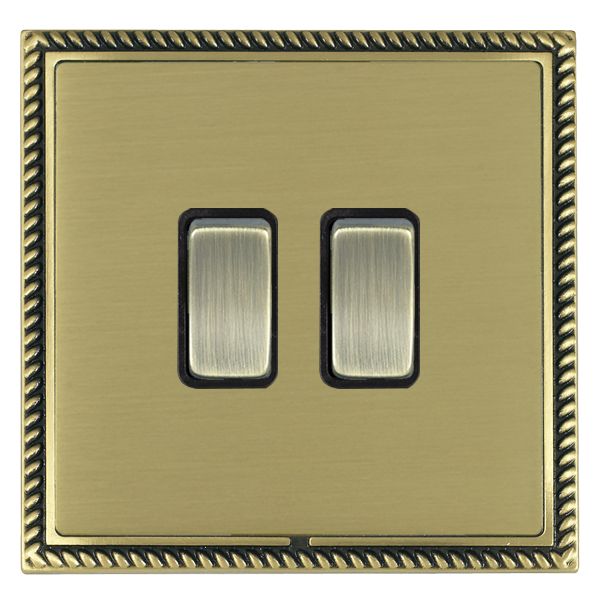 Linea-Georgian CFX Antique Brass Frame/Satin Brass Front 2 gang 20AX 2 Way Rocker Antique Brass/Black