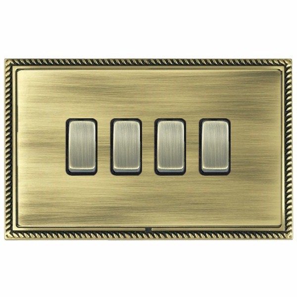 Linea-Georgian CFX Antique Brass Frame/Antique Brass Front 4 gang 10AX 2 Way Rocker Antique Brass/Black