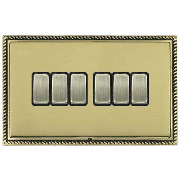 Linea-Georgian CFX Antique Brass Frame/Polished Brass Front 6 gang 10AX 2 Way Rocker Antique Brass/Black