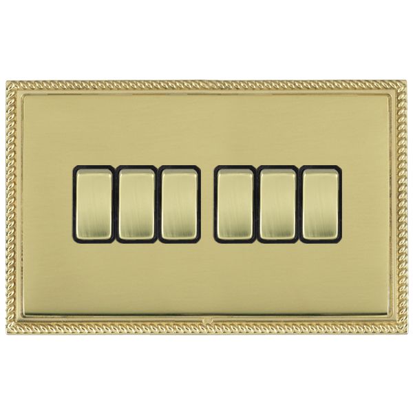 Linea-Georgian CFX Polished Brass Frame/Polished Brass Front 6 gang 10AX 2 Way Rocker Polished Brass/Black