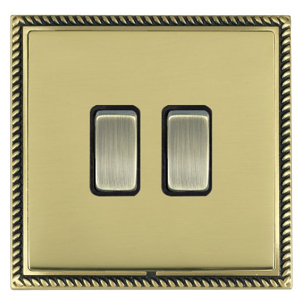 Linea-Georgian CFX Antique Brass Frame/Polished Brass Front 2 gang 10AX Intermediate Rocker Antique Brass/Black