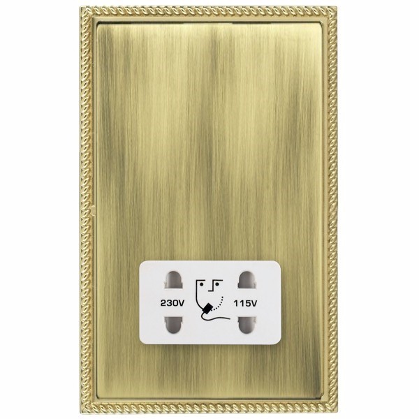 Linea-Georgian CFX Polished Brass Frame/Antique Brass Front Shaver Dual Voltage Unswitched Socket (Vertically Mounted) White