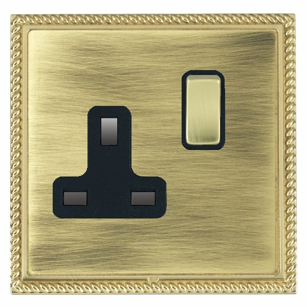 Linea-Georgian CFX Polished Brass Frame/Antique Brass Front 1 gang 13A Double Pole Switched Socket Polished Brass/Black