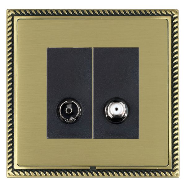 Linea-Georgian CFX Antique Brass Frame/Satin Brass Front 2 gang Non-Isolated TV+Satellite 2in/2out Black