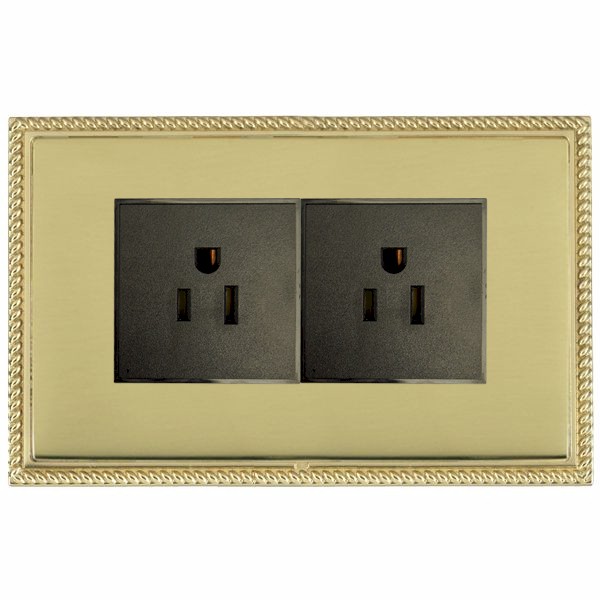 Linea-Perlina CFX Polished Brass Frame/Polished Brass Front 2 gang 15A 110V AC American Unswitched Socket Black