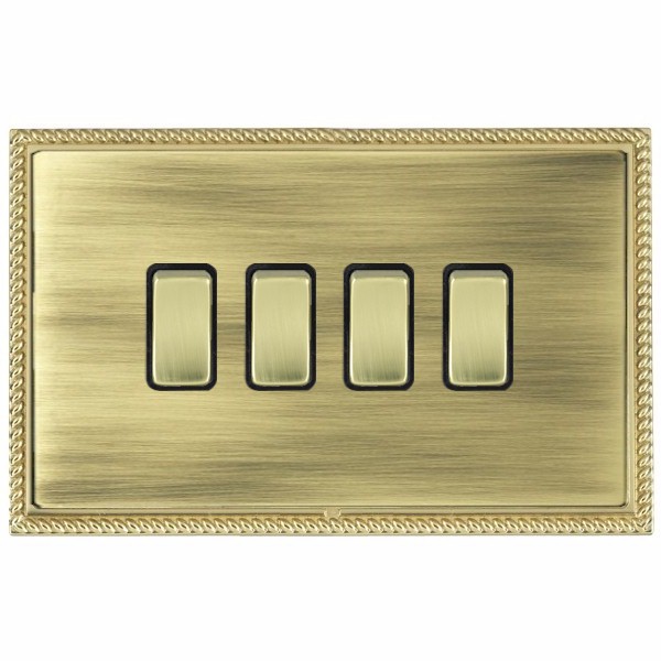 Linea-Perlina CFX Polished Brass Frame/Antique Brass Front 4 gang 10AX 2 Way Rocker Polished Brass/Black