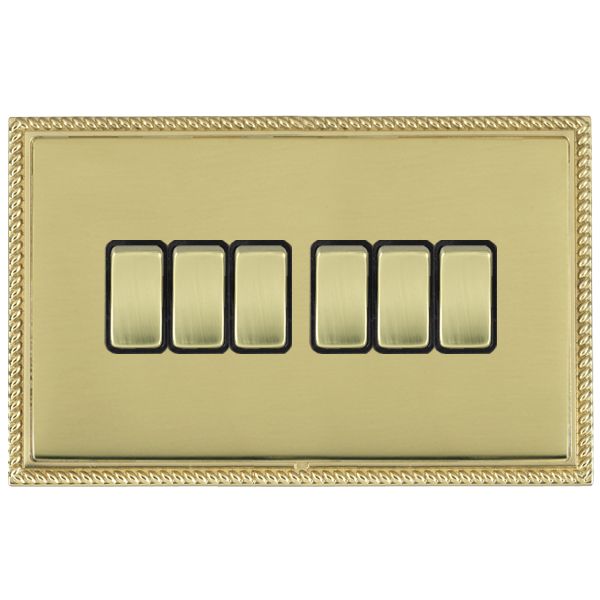 Linea-Perlina CFX Polished Brass Frame/Polished Brass Front 6 gang 10AX 2 Way Rocker Polished Brass/Black