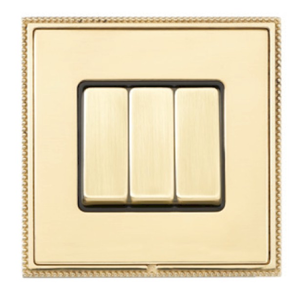 Linea-Perlina CFX Polished Brass Frame/Polished Brass Front Wide Rocker 3 gang 10AX 2 Way Polished Brass/Black