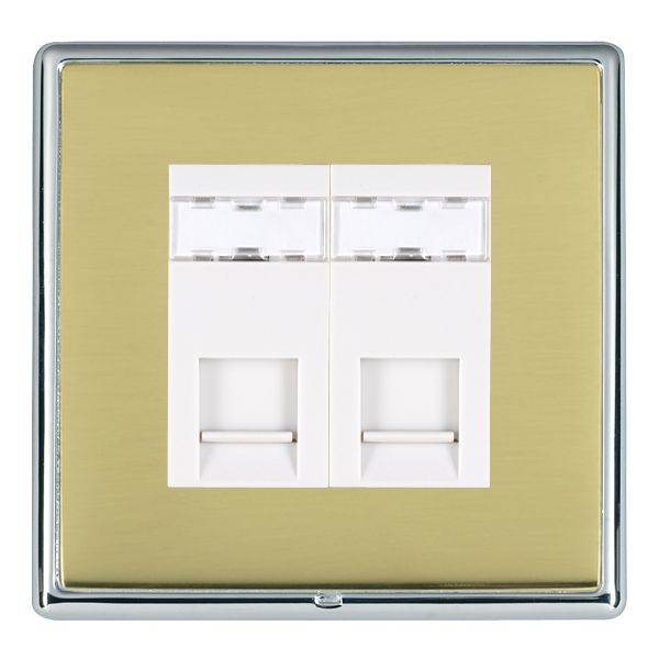 Linea-Rondo CFX Bright Chrome Frame/Polished Brass Front 2 gang RJ12 Outlet – Unshielded White