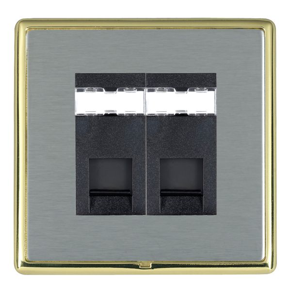 Linea-Rondo CFX Polished Brass Frame/Satin Steel Front 2 gang RJ12 Outlet – Unshielded Black