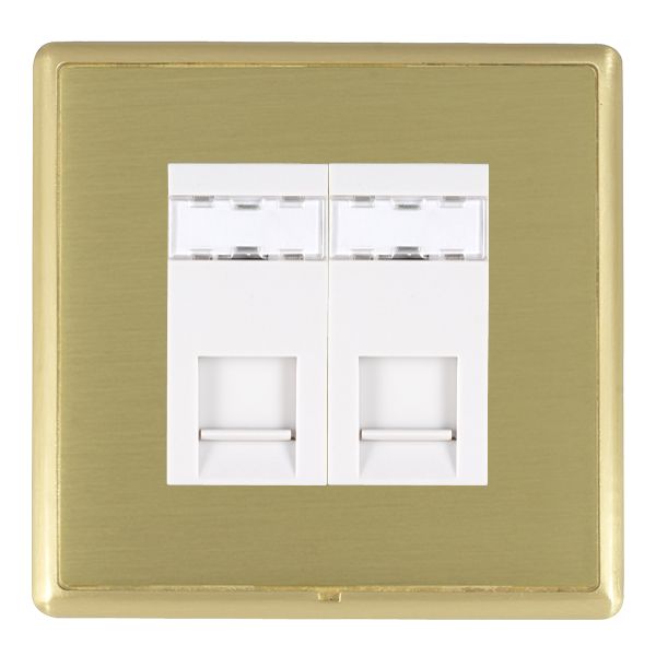 Linea-Rondo CFX Satin Brass Frame/Satin Brass Front 2 gang RJ12 Outlet – Unshielded White