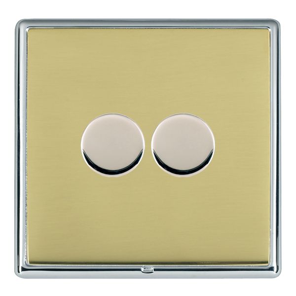 Linea-Rondo CFX Bright Chrome Frame/Polished Brass Front 2 gang 100W LED 2 Way Push On/Off Rotary Dimmer Bright Chrome