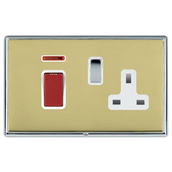 Linea-Rondo CFX Bright Chrome Frame/Polished Brass Front 45A Double Pole Rocker + Neon + 13A Switched Socket Red+Bright Chrome/White