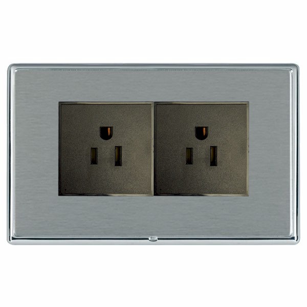 Linea-Rondo CFX Bright Chrome Frame/Satin Steel Front 2 gang 15A 110V AC American Unswitched Socket Black