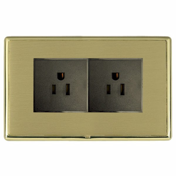 Linea-Rondo CFX Polished Brass Frame/Satin Brass Front 2 gang 15A 110V AC American Unswitched Socket Black