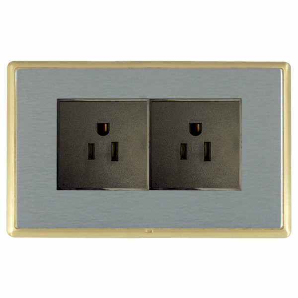 Linea-Rondo CFX Polished Brass Frame/Satin Steel Front 2 gang 15A 110V AC American Unswitched Socket Black