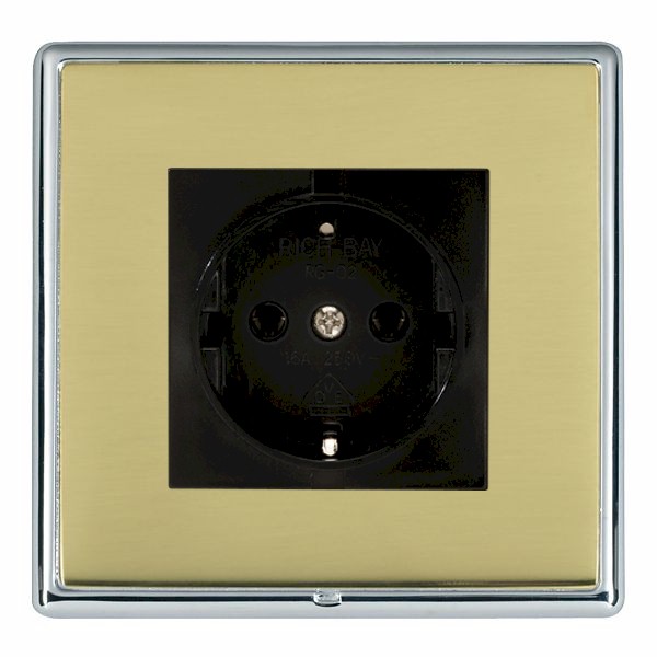 Linea-Rondo CFX Bright Chrome Frame/Polished Brass Front 1 gang 10/16A 220/250V AC German Unswitched Socket Black