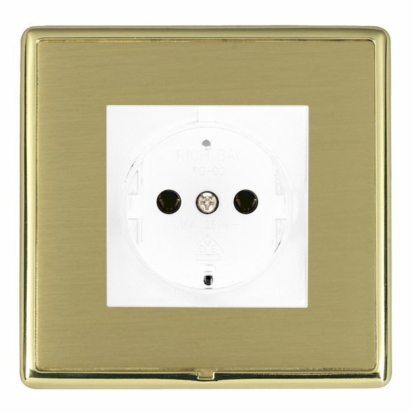 Linea-Rondo CFX Polished Brass Frame/Satin Brass Front 1 gang 10/16A 220/250V AC German Unswitched Socket White