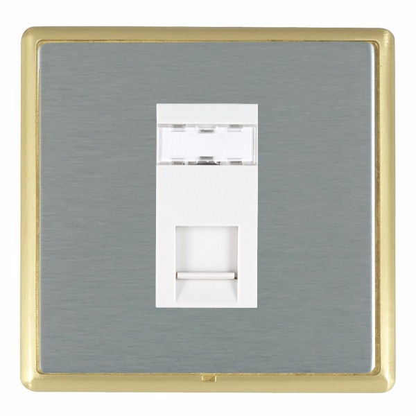 Linea-Rondo CFX Satin Brass Frame/Satin Steel Front 1 gang RJ45 CAT 5E Outlet – Unshielded White