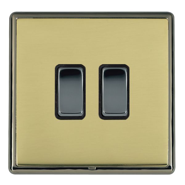 Linea-Rondo CFX Black Nickel Frame/Polished Brass Front 2 gang 20AX 2 Way Rocker Black Nickel/Black