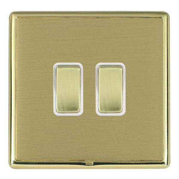 Linea-Rondo CFX Polished Brass Frame/Satin Brass Front 2 gang 20AX 2 Way Rocker Polished Brass/White