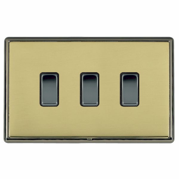Linea-Rondo CFX Black Nickel Frame/Polished Brass Front 3 gang 20AX 2 Way Rocker Black Nickel/Black