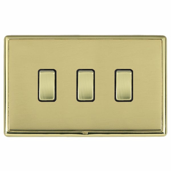Linea-Rondo CFX Polished Brass Frame/Polished Brass Front 3 gang 20AX 2 Way Rocker Polished Brass/Black