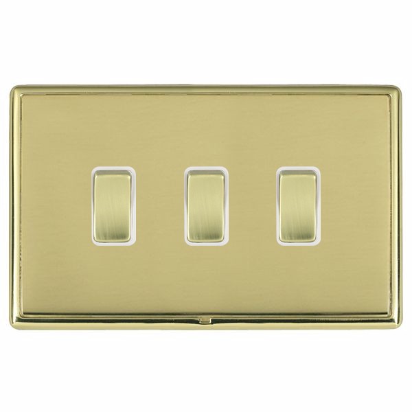 Linea-Rondo CFX Polished Brass Frame/Polished Brass Front 3 gang 20AX 2 Way Rocker Polished Brass/White