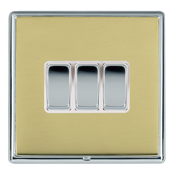 Linea-Rondo CFX Bright Chrome Frame/Polished Brass Front 3 gang 10AX 2 Way Rocker Bright Chrome/White