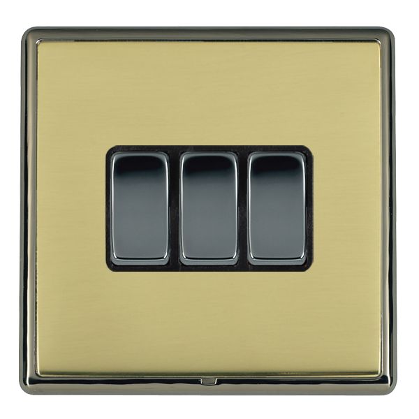 Linea-Rondo CFX Black Nickel Frame/Polished Brass Front 3 gang 10AX 2 Way Rocker Black Nickel/Black