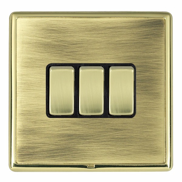 Linea-Rondo CFX Polished Brass Frame/Antique Brass Front 3 gang 10AX 2 Way Rocker Polished Brass/Black