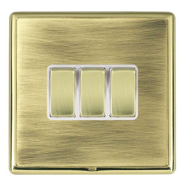 Linea-Rondo CFX Polished Brass Frame/Antique Brass Front 3 gang 10AX 2 Way Rocker Polished Brass/White