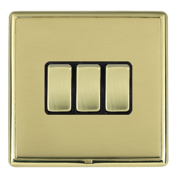Linea-Rondo CFX Polished Brass Frame/Polished Brass Front 3 gang 10AX 2 Way Rocker Polished Brass/Black