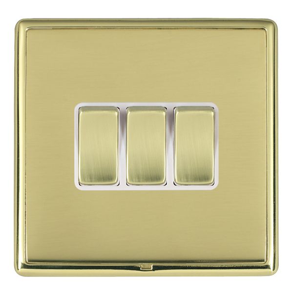 Linea-Rondo CFX Polished Brass Frame/Polished Brass Front 3 gang 10AX 2 Way Rocker Polished Brass/White