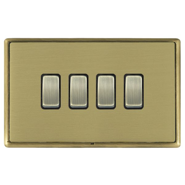 Linea-Rondo CFX Antique Brass Frame/Satin Brass Front 4 gang 20AX 2 Way Rocker Antique Brass/Black