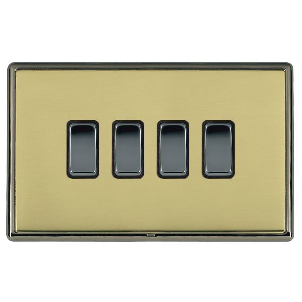Linea-Rondo CFX Black Nickel Frame/Polished Brass Front 4 gang 10AX 2 Way Rocker Black Nickel/Black