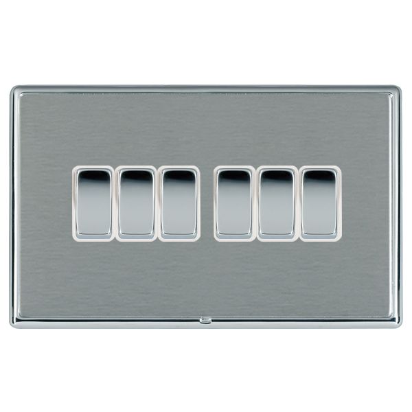 Linea-Rondo CFX Bright Chrome Frame/Satin Steel Front 6 gang 10AX 2 Way Rocker Bright Chrome/White