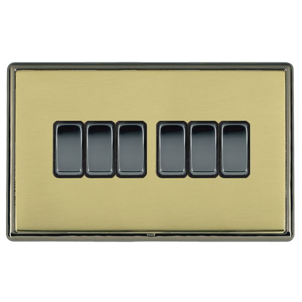 Linea-Rondo CFX Black Nickel Frame/Polished Brass Front 6 gang 10AX 2 Way Rocker Black Nickel/Black